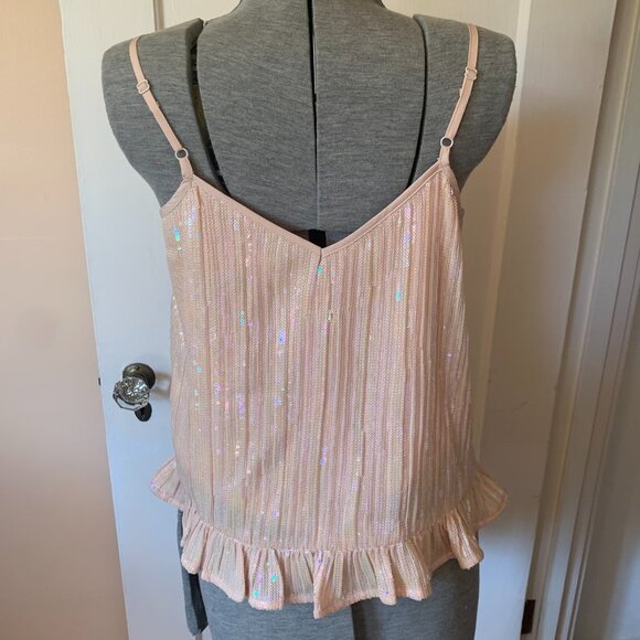NWT Anthropologie Sz 4 Cami Top Amelie Pale Pink Rose Sequin Ruffle Iridescent - Picture 3 of 7